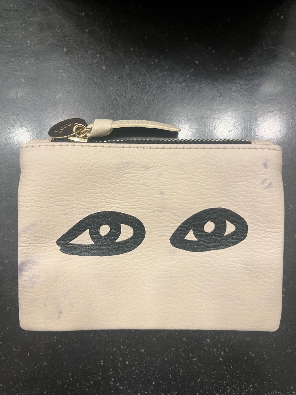 Clare V. Coin Clutch Cream Leather Zip Pouch with Eye Graphic